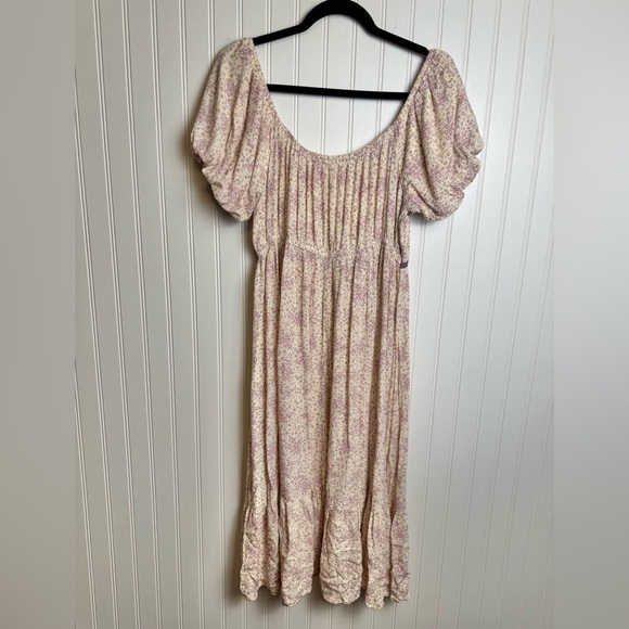 Easel Pink Floral Scoop Neck Puff Sleeve Midi Dress Size Large A33 - Picture 2 of 7